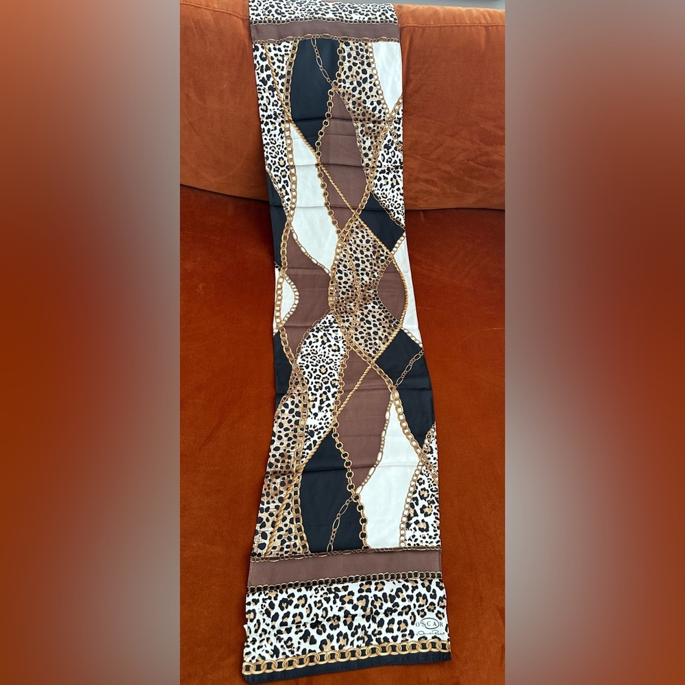Vintage Oscar De La Renta Silk Scarf Leopard Gold Chains Brown Black